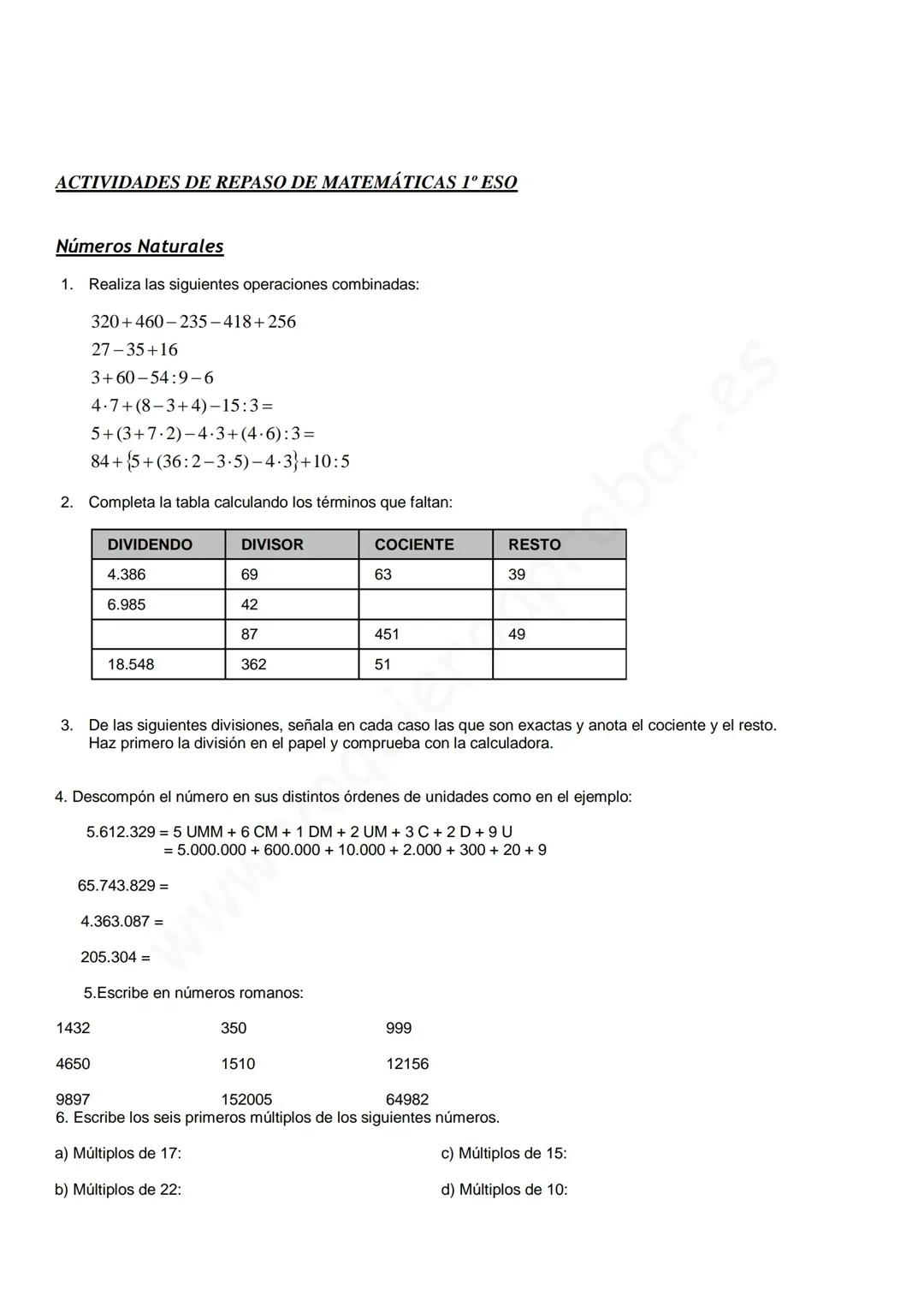 Repaso de Matemáticas 1 ESO: Ejercicios y Soluciones PDF