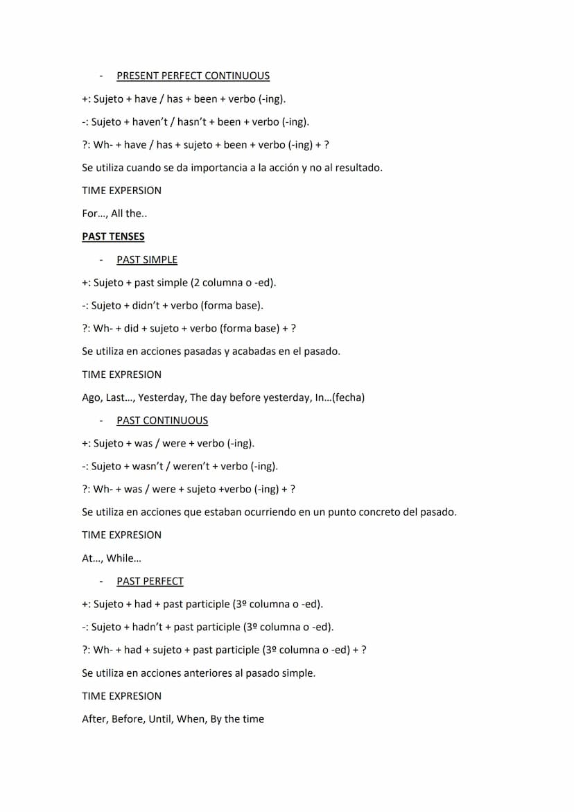 VERB TENSES
PRESENT TENSES
PRESENT SIMPLE
+: Sujeto + verbo (+s).
- Sujeto + don't / doesn't + verbo.
?: Wh-do / does + sujeto + verbo + ?
S