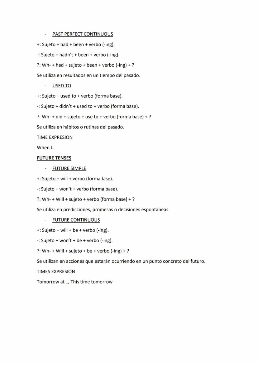 VERB TENSES
PRESENT TENSES
PRESENT SIMPLE
+: Sujeto + verbo (+s).
- Sujeto + don't / doesn't + verbo.
?: Wh-do / does + sujeto + verbo + ?
S