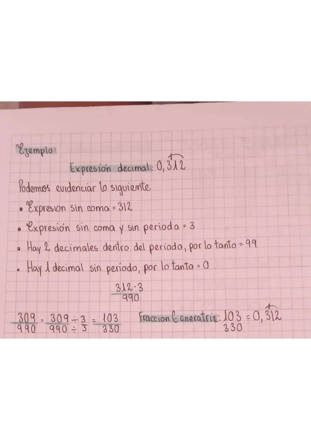 Ezemplo

Expresión decimal: $0,3\widehat{12}$

Podemos evidenciar lo siguiente

• Expresion sin coma = 312

• Expresión sin coma y sin perio