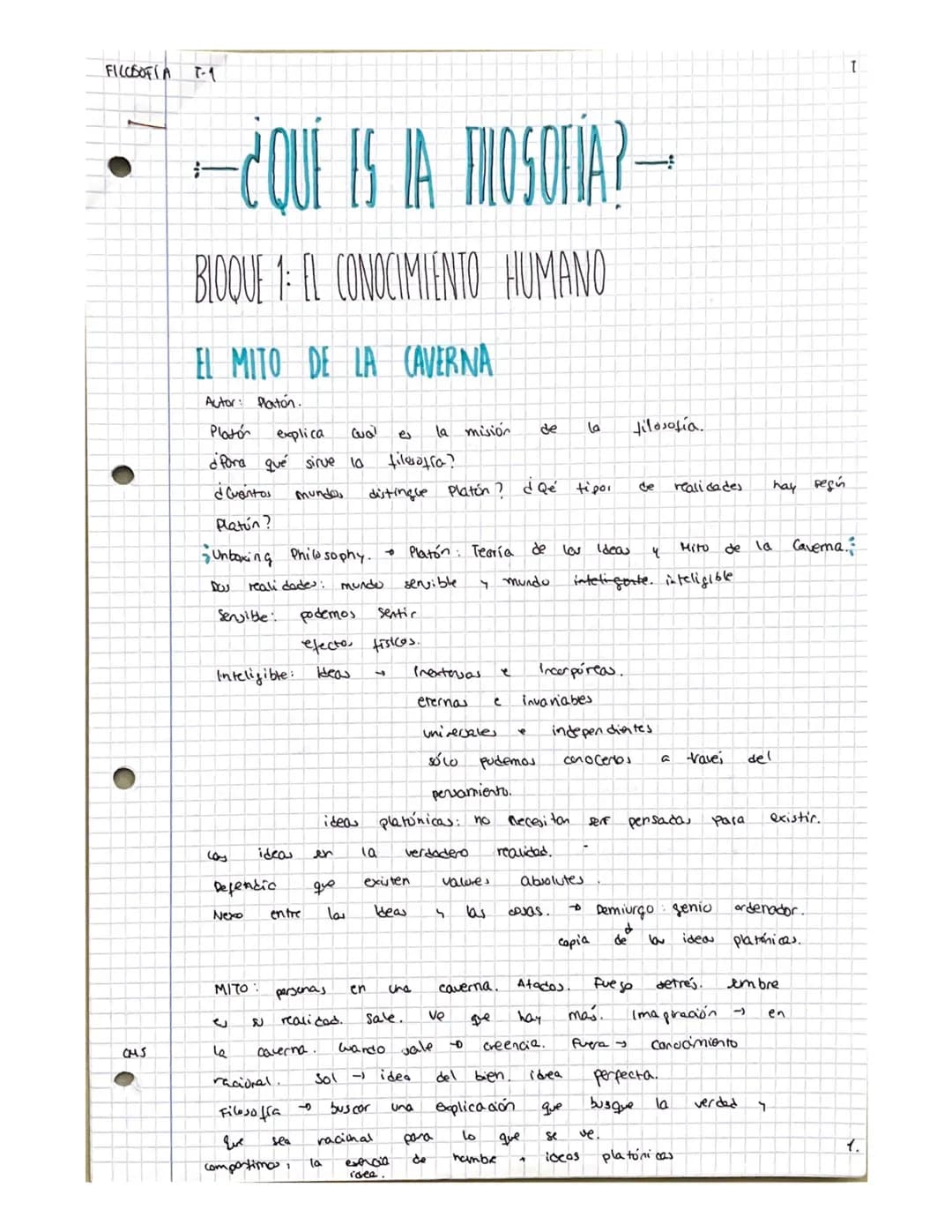 100
FILOSOFÍA
CMS
T-1
-¿QUÉ IS JA THOSOFIA?-
P
BLOQUE 1: EL CONOCIMIENTO HUMANO
EL MITO DE LA CAVERNA
Autor
Platón
explica
Qual
¿Para qué si