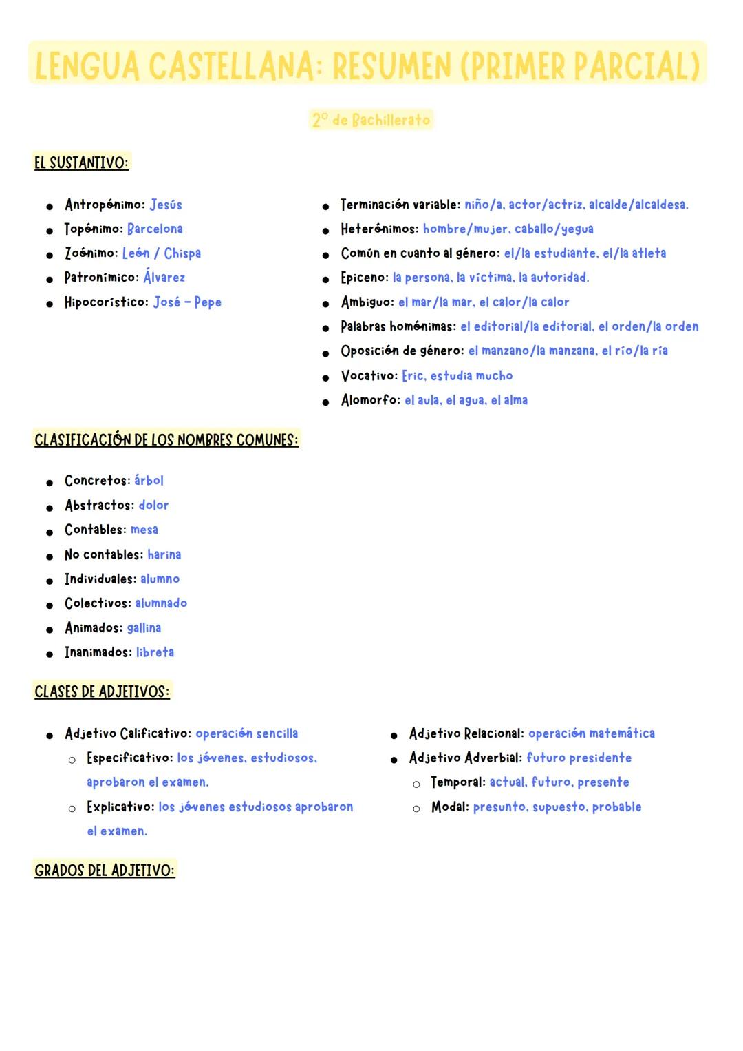 # LENGUA CASTELLANA: RESUMEN (PRIMER PARCIAL)

2º de Bachillerato

EL SUSTANTIVO:

*   Antropónimo: Jesús
*   Topónimo: Barcelona
*   Zoónim