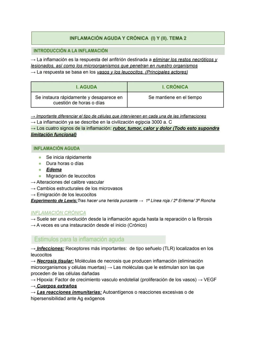 INFLAMACIÓN AGUDA Y CRÓNICA (I) Y (II). TEMA 2
INTRODUCCIÓN A LA INFLAMACIÓN
→ La inflamación es la respuesta del anfitrión destinada a elim