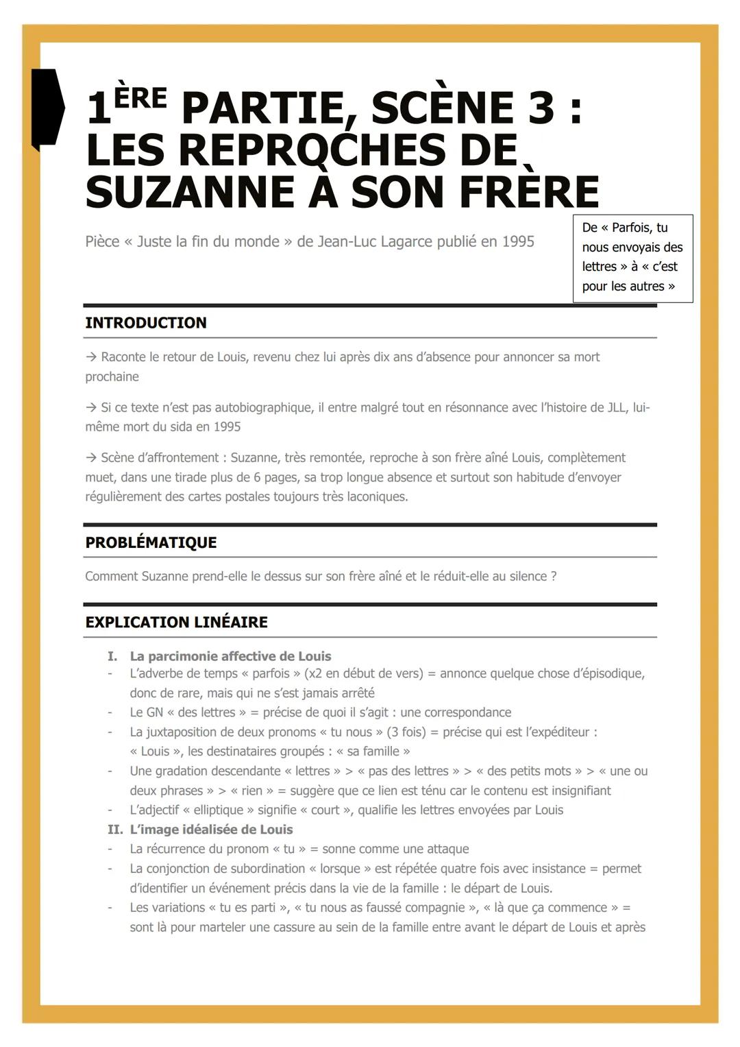 # 1ÈRE PARTIE, SCÈNE 3 :
# LES REPROCHES DE
# SUZANNE À SON FRÈRE

Pièce << Juste la fin du monde » de Jean-Luc Lagarce publié en 1995

De <