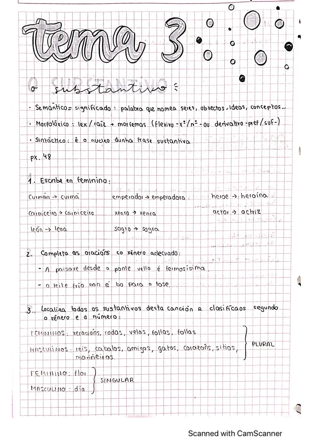 Tema 3
o
1. Escribe en feminino:
Curman curmá
Carniceiro carniceira
substantivo
• Semantico significado: palabra que nomea seres, obxectos, 