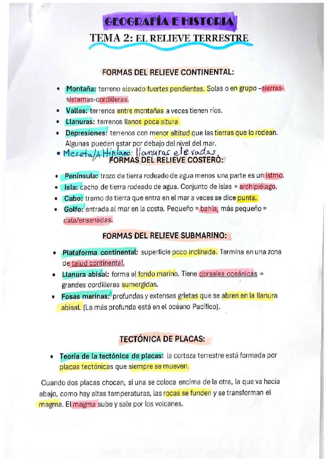 Examen y Resumen del Relieve Terrestre 1 ESO - El Relieve de la Tierra y Tectónica de Placas