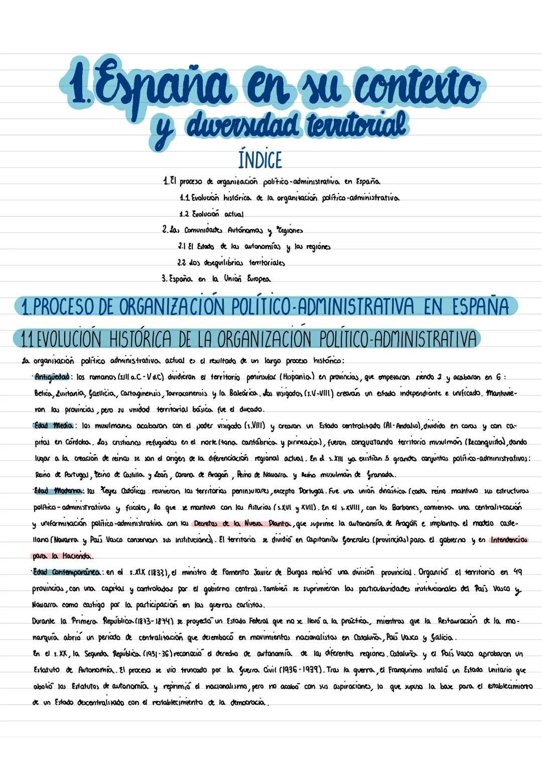 1. España en su contexto
y diversidad territorial
ÍNDICE
1. El proceso de organización político-administrativa en España
1.1 Evolución histó
