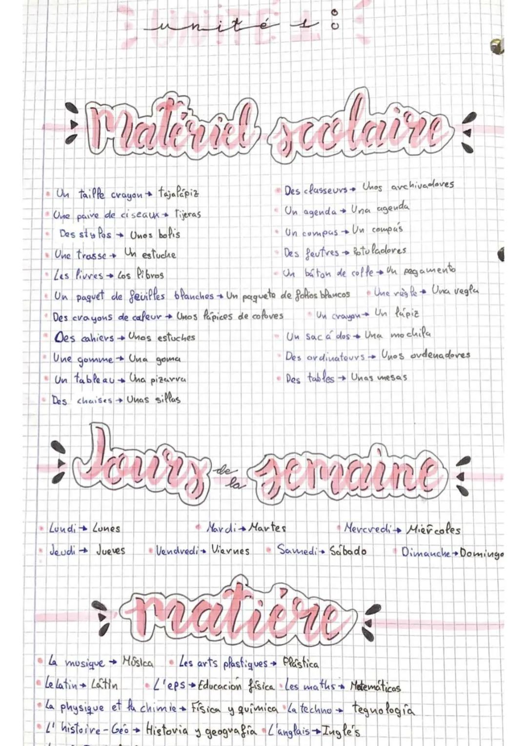 Une gomme + Una
goma
• Un tableau + Una pizarra
Des chaises Unas sillas
un
unité
Lundi Lunes
Jeudi Jueves
Un taille crayontajalápiz
Une pair