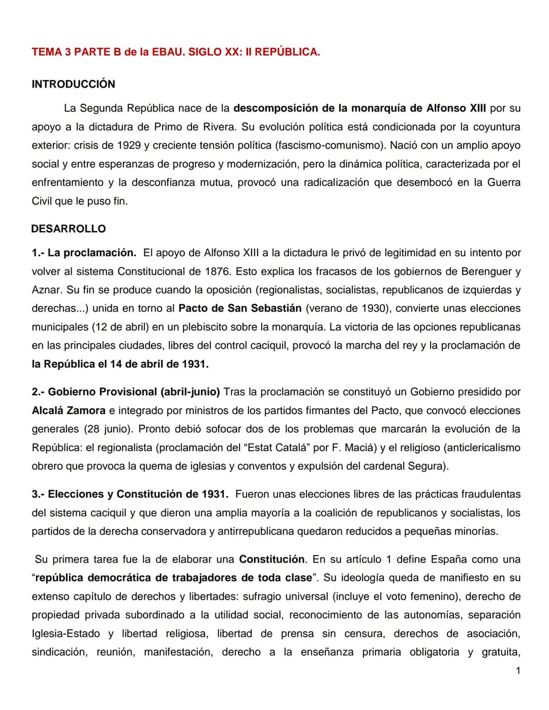 TEMA 3 PARTE B de la EBAU. SIGLO XX: II REPÚBLICA.
INTRODUCCIÓN
La Segunda República nace de la descomposición de la monarquía de Alfonso XI