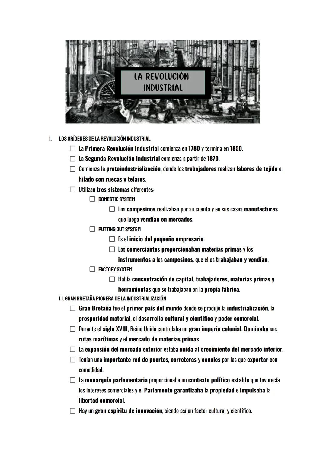 I.
LOS ORÍGENES DE LA REVOLUCIÓN INDUSTRIAL
LA REVOLUCIÓN
INDUSTRIAL
La Primera Revolución Industrial comienza en 1780 y termina en 1850.
☐ 