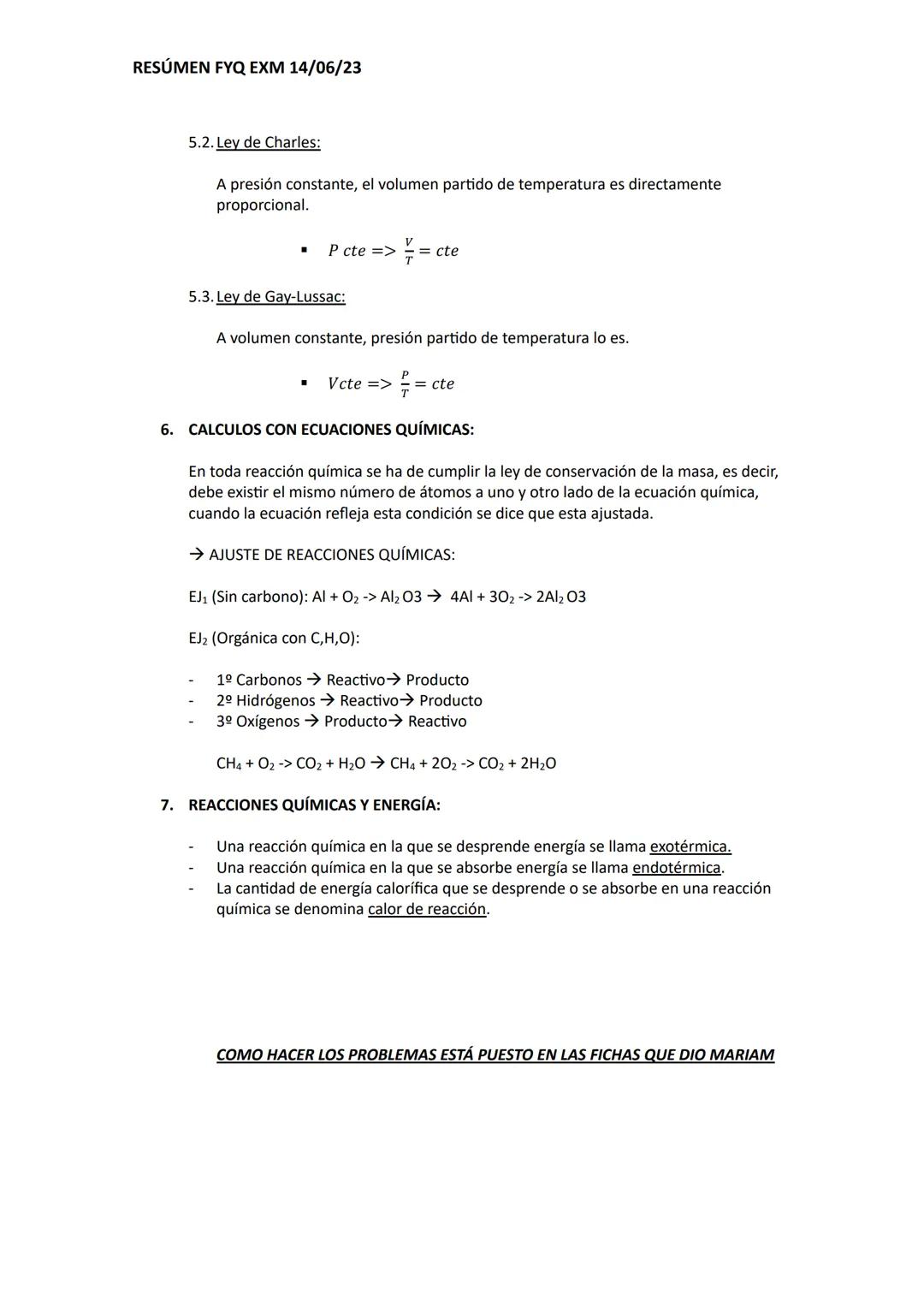 RESÚMEN FYQ EXM 14/06/23
1. MASA MOLECULAR:
→ Se expresa en g/mol
Mr = (nº de átomos) Masa atómica₁ + (nº de átomos). Masa atómica₂ ...
→ Ej