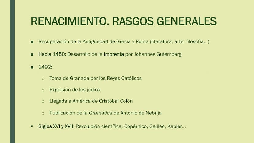 RENACIMIENTO
Y
BARROCO SIGLO XVI
RENACIMIENTO RENACIMIENTO. RASGOS GENERALES
■ Recuperación de la Antigüedad de Grecia y Roma (literatura, a