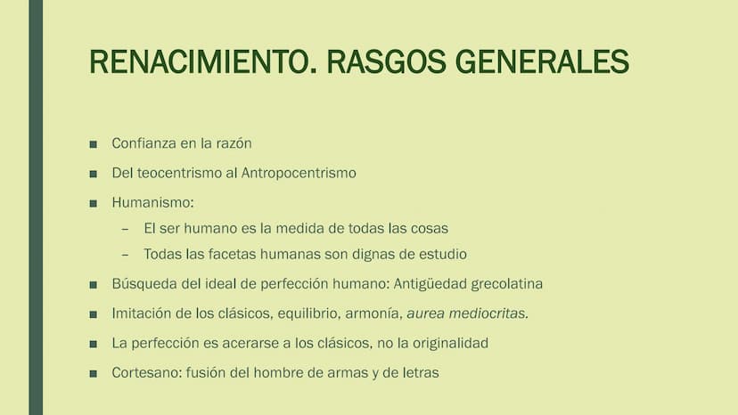 RENACIMIENTO
Y
BARROCO SIGLO XVI
RENACIMIENTO RENACIMIENTO. RASGOS GENERALES
■ Recuperación de la Antigüedad de Grecia y Roma (literatura, a