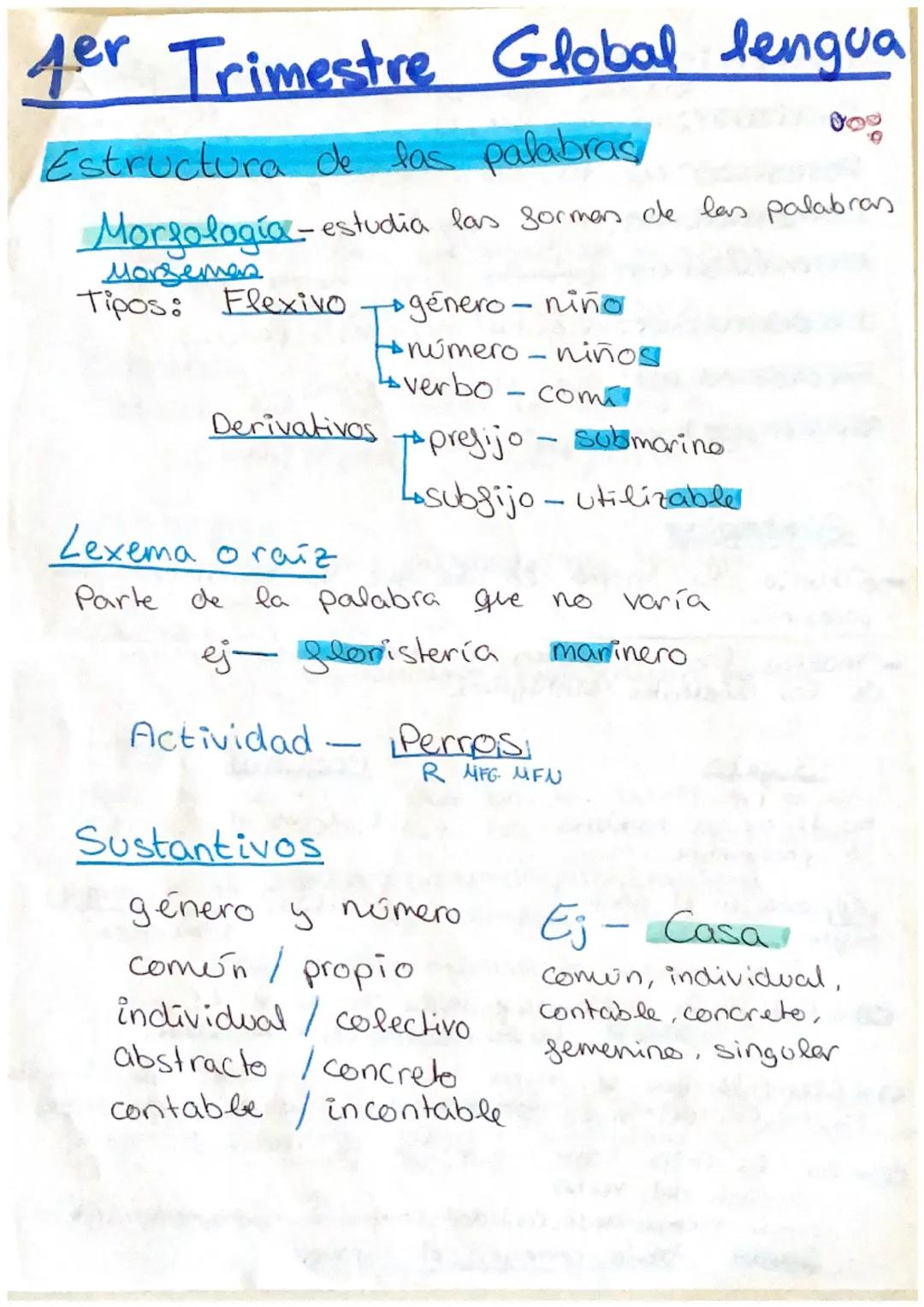 1er Trimestre Global lengua
Estructura de las palabras,
Morfologia-estudia las formes de las palabras
Morgemas
Tipos: Flexivo
Derivativos
ge