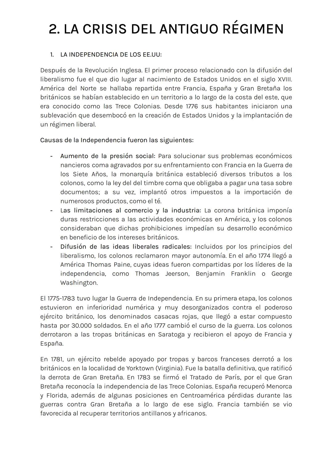 # 2. LA CRISIS DEL ANTIGUO RÉGIMEN

1. LA INDEPENDENCIA DE LOS EE.UU:

Después de la Revolución Inglesa. El primer proceso relacionado con l