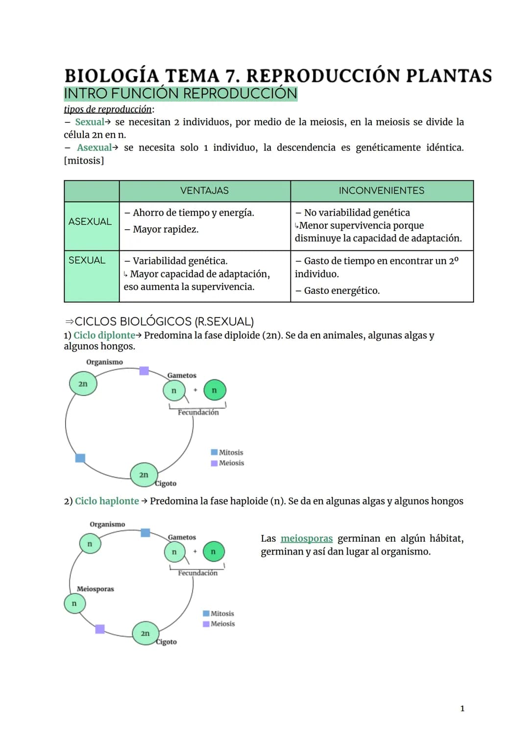 BIOLOGÍA TEMA 7. REPRODUCCIÓN PLANTAS
INTRO FUNCIÓN REPRODUCCIÓN
tipos de reproducción:
- Sexual se necesitan 2 individuos, por medio de la 