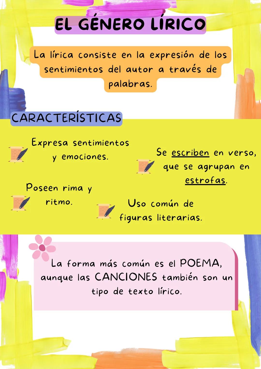 EL GÉNERO LÍRICO
La lírica consiste en la expresión de los
sentimientos del autor a través de
palabras.
CARACTERÍSTICAS
Expresa sentimientos