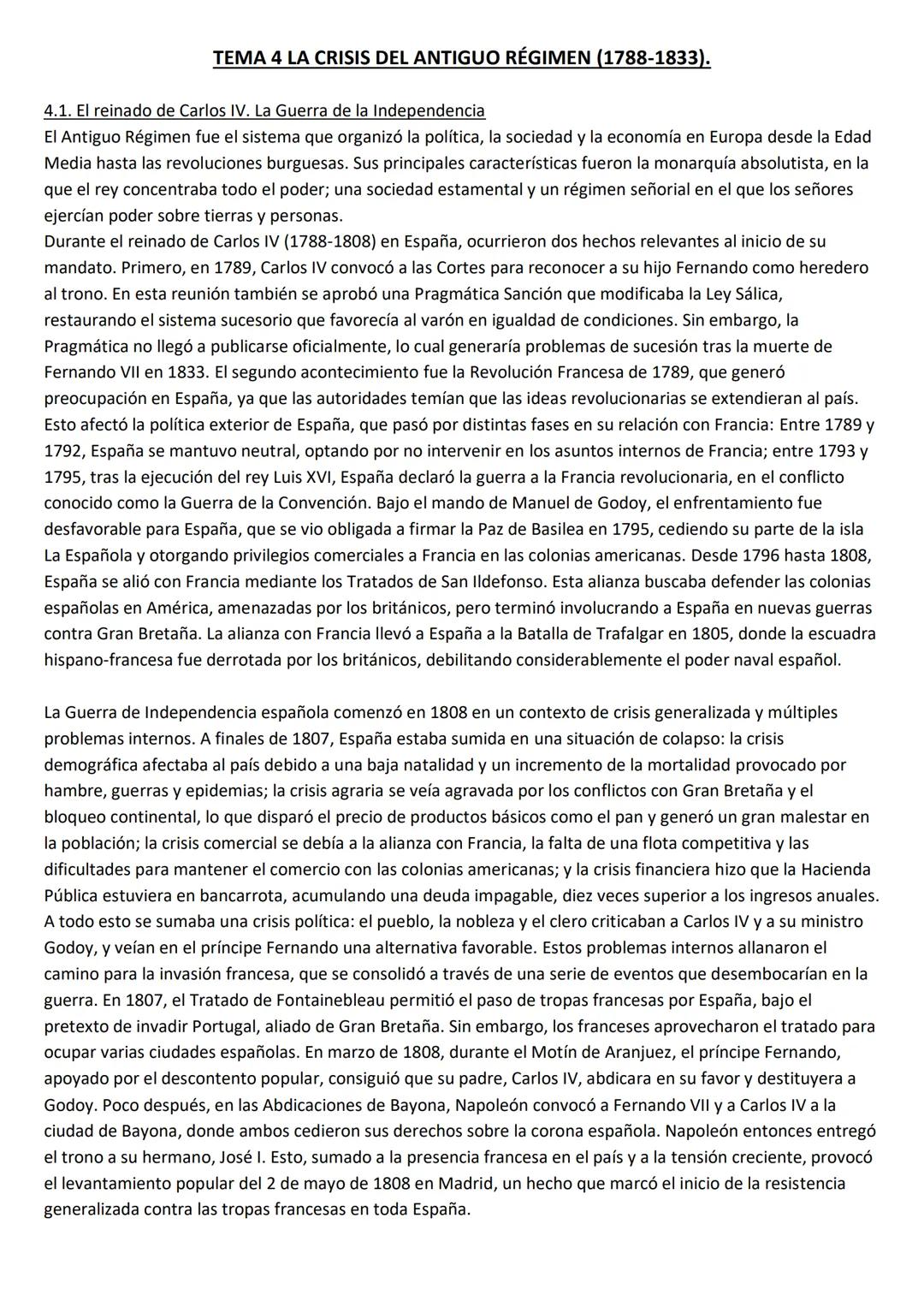 # TEMA 4 LA CRISIS DEL ANTIGUO RÉGIMEN (1788-1833).

4.1. El reinado de Carlos IV. La Guerra de la Independencia

El Antiguo Régimen fue el 