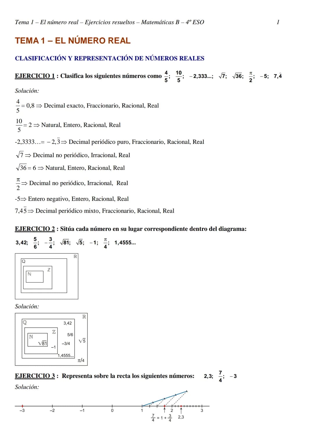 Tema 1- El número real - Ejercicios resueltos - Matemáticas B - 4º ESO
TEMA 1 - EL NÚMERO REAL
CLASIFICACIÓN Y REPRESENTACIÓN DE NÚMEROS REA