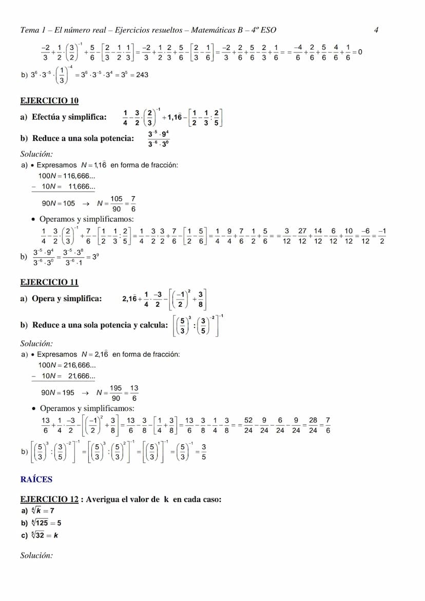 Tema 1- El número real - Ejercicios resueltos - Matemáticas B - 4º ESO
TEMA 1 - EL NÚMERO REAL
CLASIFICACIÓN Y REPRESENTACIÓN DE NÚMEROS REA