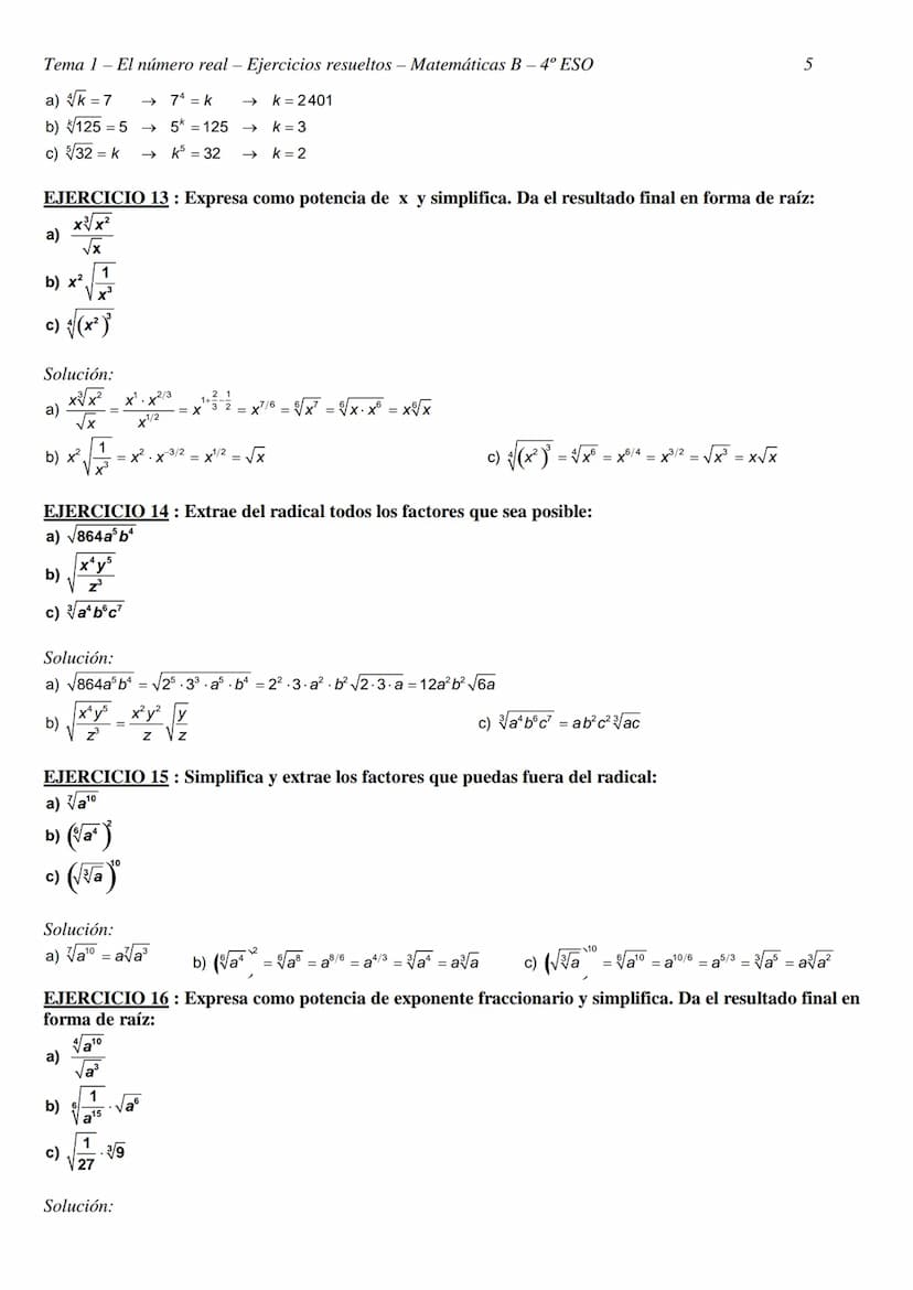 Tema 1- El número real - Ejercicios resueltos - Matemáticas B - 4º ESO
TEMA 1 - EL NÚMERO REAL
CLASIFICACIÓN Y REPRESENTACIÓN DE NÚMEROS REA