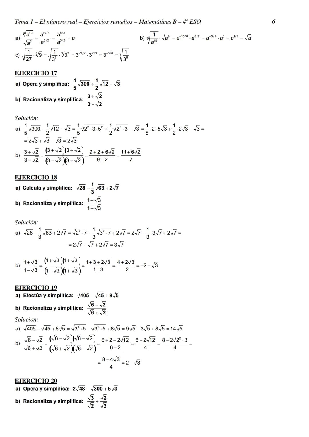 Tema 1- El número real - Ejercicios resueltos - Matemáticas B - 4º ESO
TEMA 1 - EL NÚMERO REAL
CLASIFICACIÓN Y REPRESENTACIÓN DE NÚMEROS REA