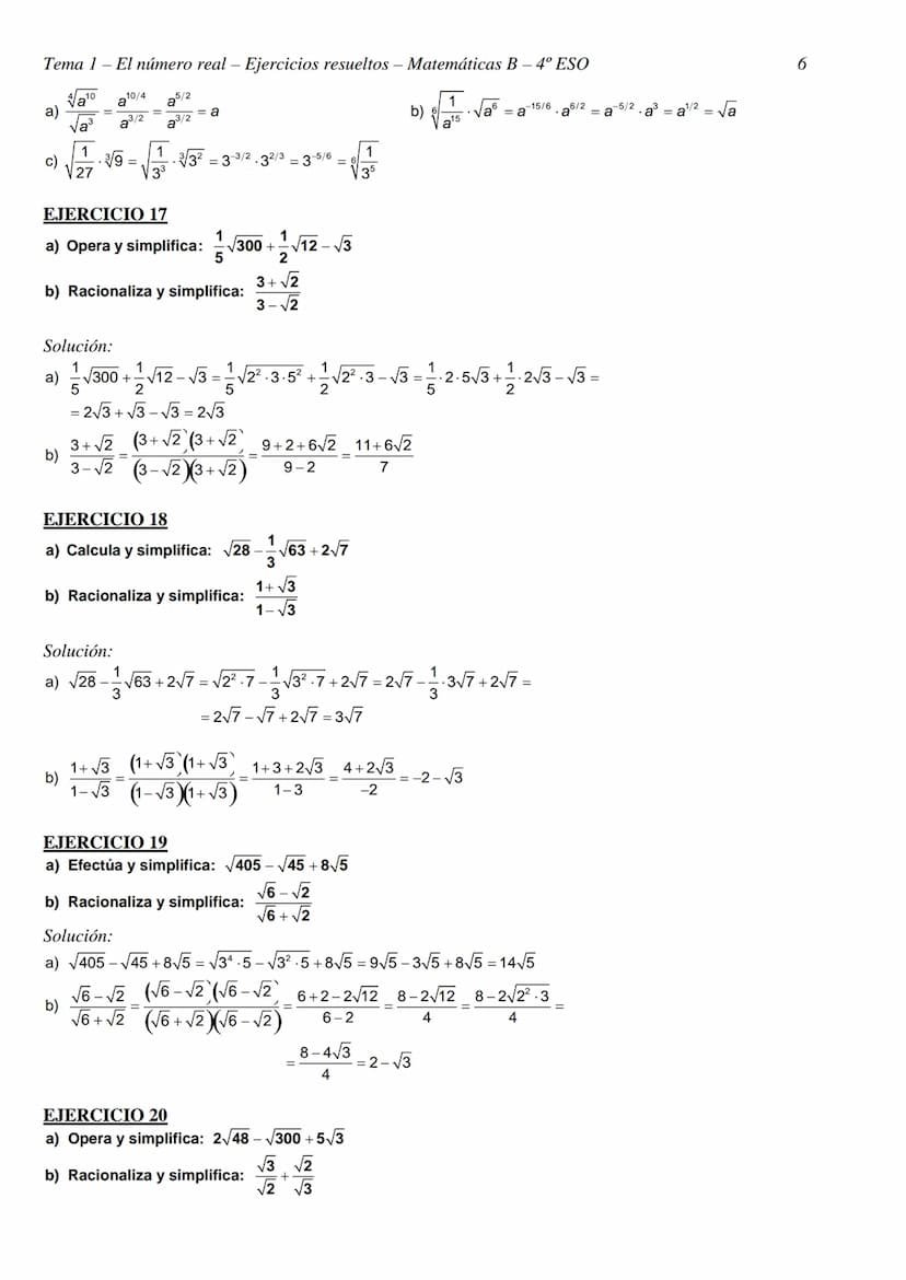 Tema 1- El número real - Ejercicios resueltos - Matemáticas B - 4º ESO
TEMA 1 - EL NÚMERO REAL
CLASIFICACIÓN Y REPRESENTACIÓN DE NÚMEROS REA