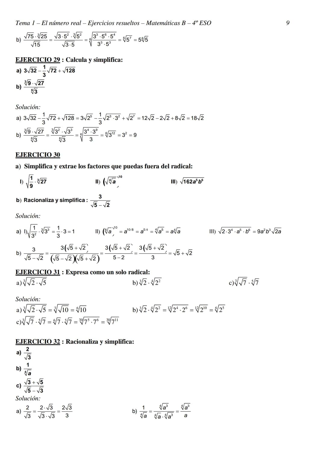 Tema 1- El número real - Ejercicios resueltos - Matemáticas B - 4º ESO
TEMA 1 - EL NÚMERO REAL
CLASIFICACIÓN Y REPRESENTACIÓN DE NÚMEROS REA