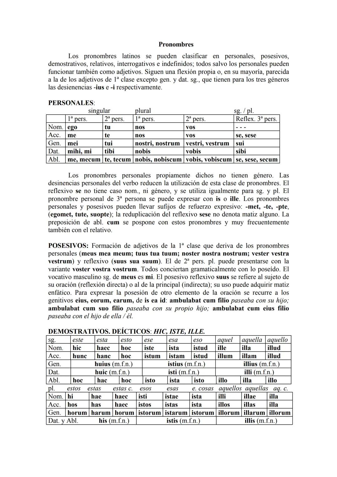 # Pronombres

Los pronombres latinos se pueden clasificar en personales, posesivos,
demostrativos, relativos, interrogativos e indefinidos; 