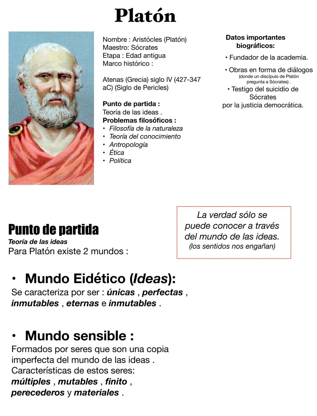 # Platón

Nombre: Aristócles (Platón)
Maestro: Sócrates
Etapa: Edad antigua
Marco histórico:

Atenas (Grecia) siglo IV (427-347
aC) (Siglo d