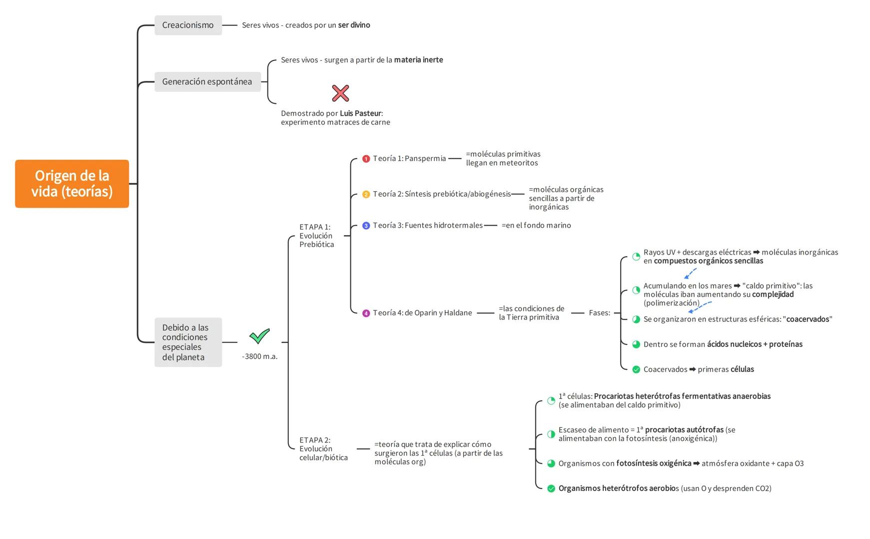 # Origen de la
vida (teorías)

Creacionismo Seres vivos - creados por un ser divino

Generación espontánea Seres vivos - surgen a partir de 