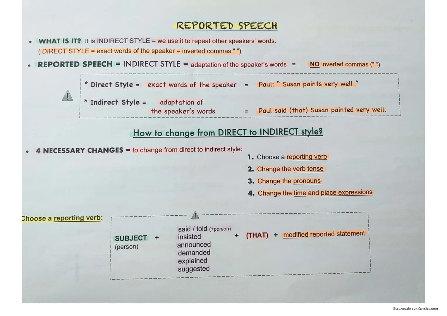 ●
REPORTED SPEECH
WHAT IS IT? It is INDIRECT STYLE = we use it to repeat other speakers' words.
(DIRECT STYLE = exact words of the speaker =