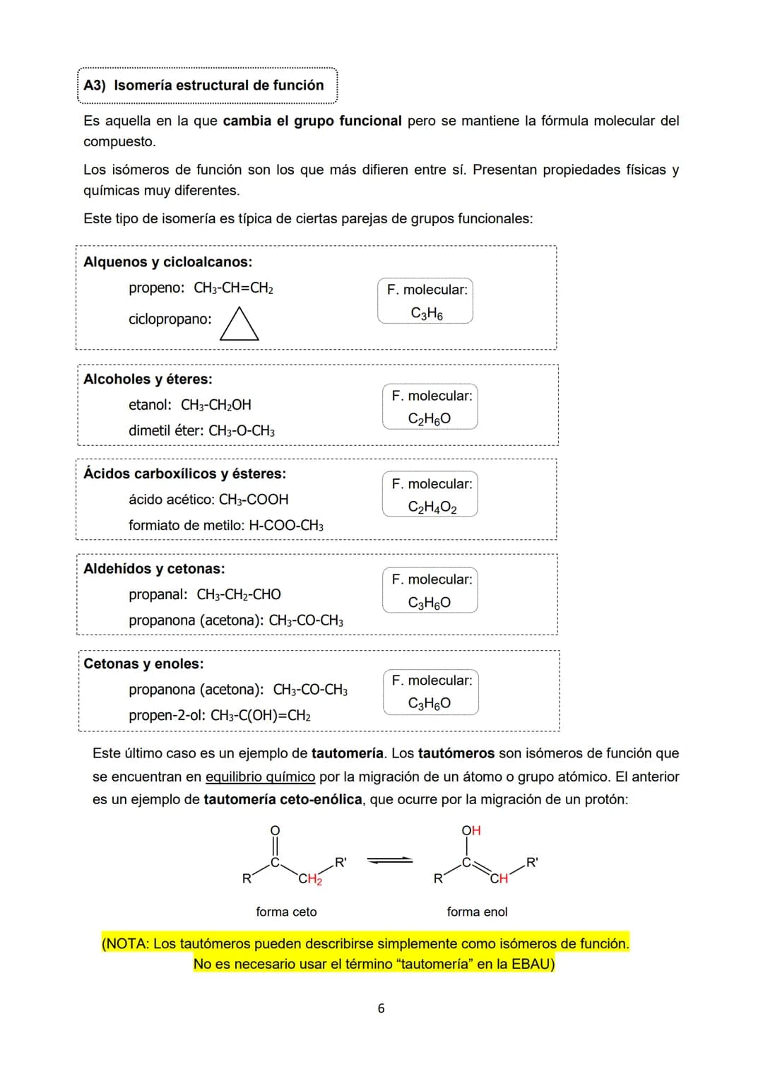 En Química Orgánica es muy frecuente que compuestos diferentes tengan la misma forma
molecular. Dichos compuestos se denominan isómeros.
Los