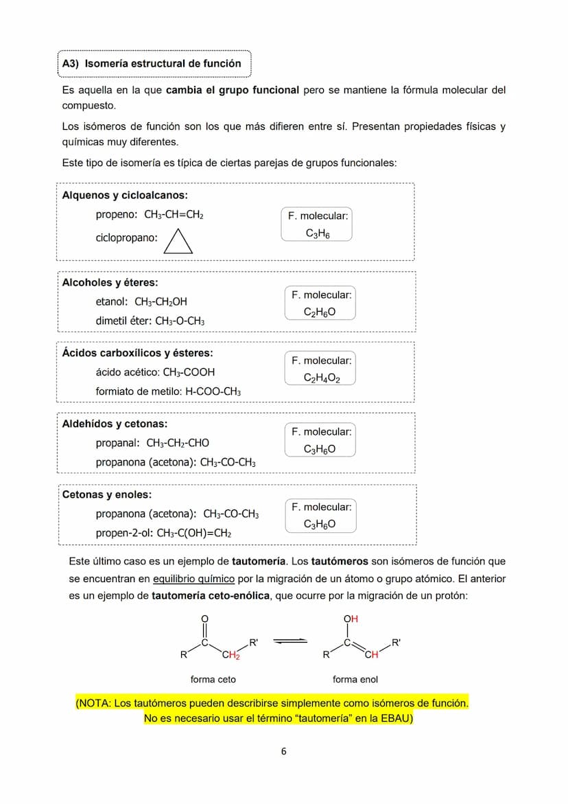 En Química Orgánica es muy frecuente que compuestos diferentes tengan la misma forma
molecular. Dichos compuestos se denominan isómeros.
Los