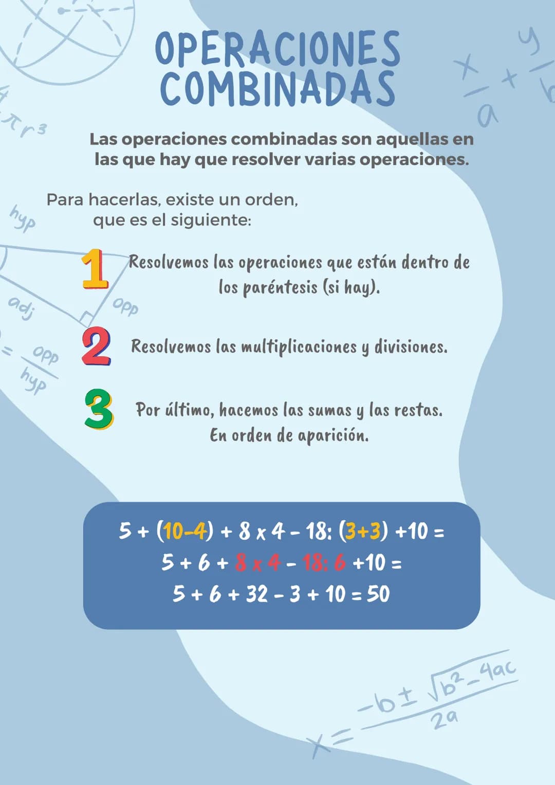 Прз
hyp
adj
OPERACIONES
COMBINADAS
OPP
hyp
Para hacerlas, existe un orden,
que es el siguiente:
Las operaciones combinadas son aquellas en
l