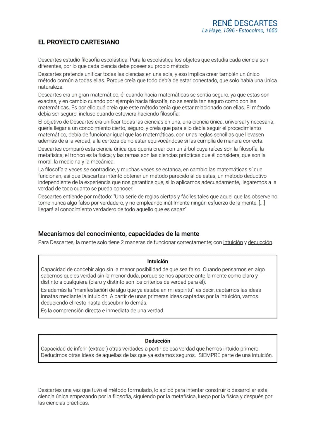 EL PROYECTO CARTESIANO
RENÉ DESCARTES
La Haye, 1596-Estocolmo, 1650
Descartes estudió filosofía escolástica. Para la escolástica los objetos