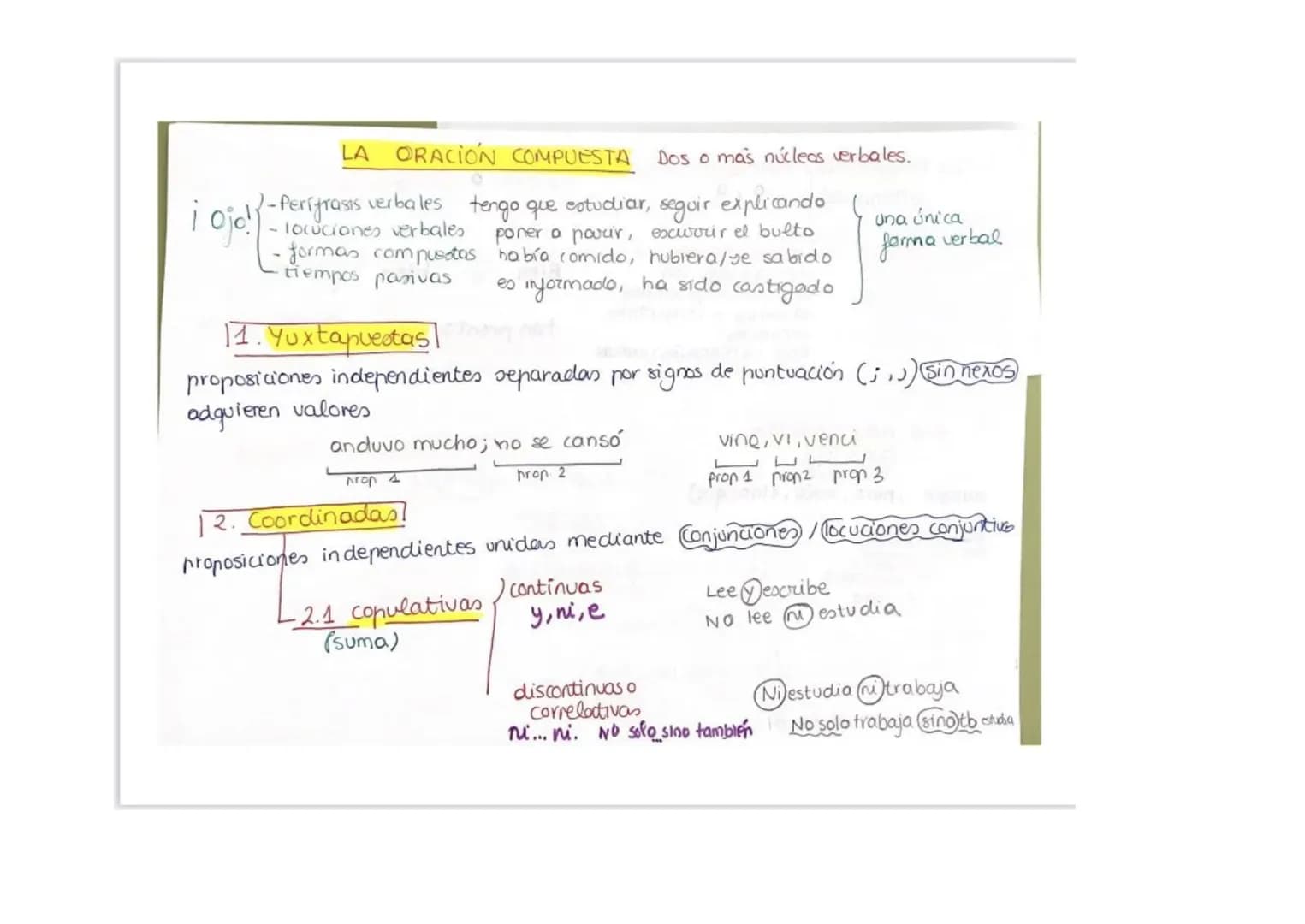 LA ORACIÓN COMPUESTA
i ojo!!
2-Perifrasis
verbales
- locuciones verbales
- formas compusotas
tiempos pasivas
tengo que estudiar, seguir expl