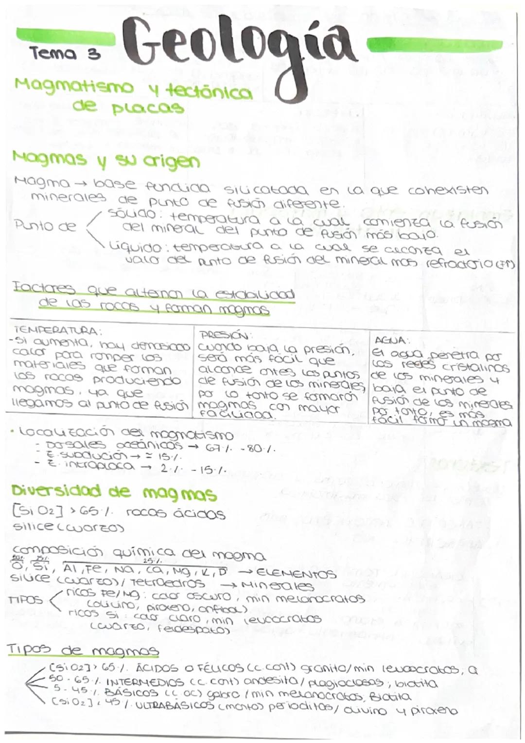 Geología
Tema 3
Magmatismo y tectónica
de placas
Magmas y su origen
Magma → base fundida silicatada en la que conexisten
minerales de punto 