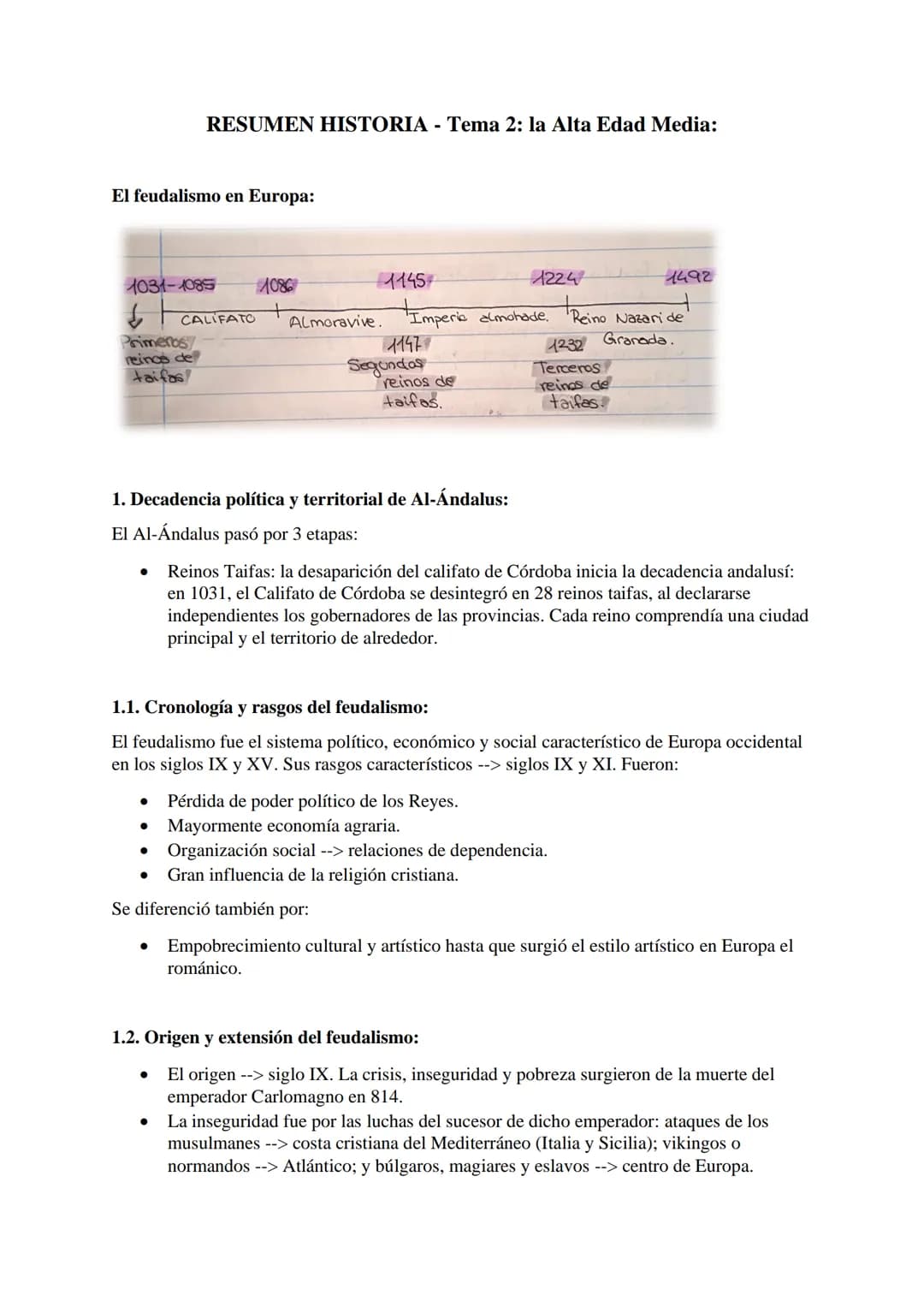 El feudalismo en Europa:
RESUMEN HISTORIA - Tema 2: la Alta Edad Media:
1031-1085
Primeros
reinos de
taifas
CALIFATO
1086
Almoravive.
●
1145