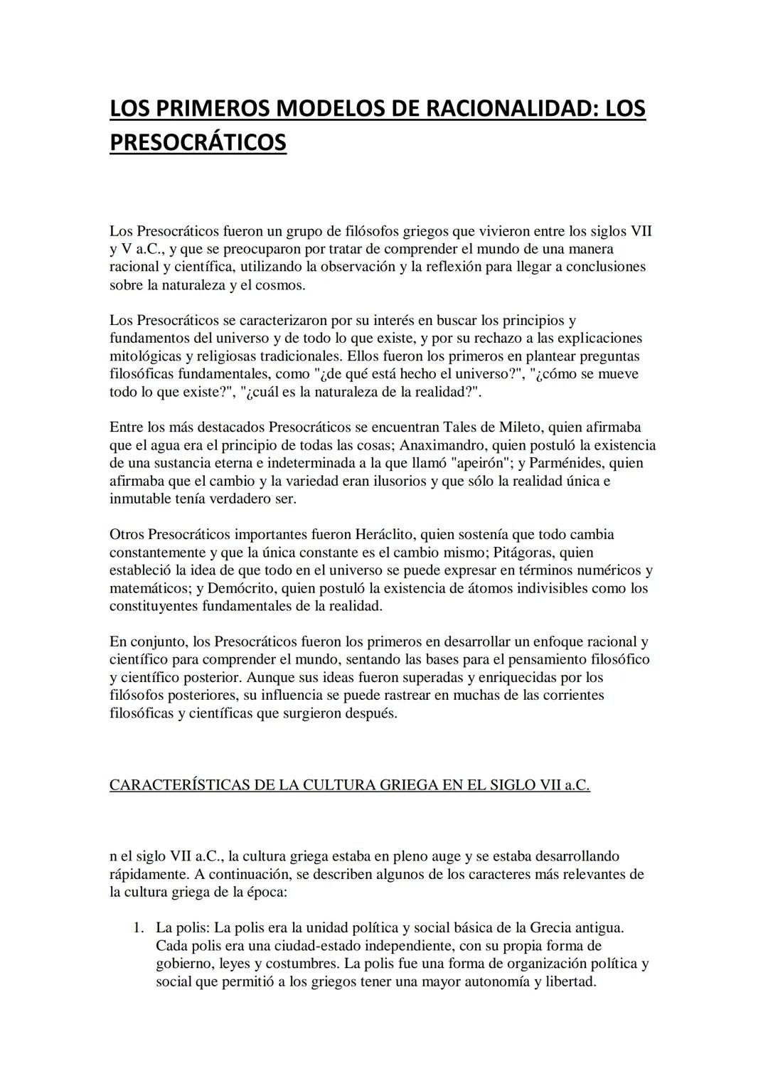 LOS PRIMEROS MODELOS DE RACIONALIDAD: LOS
PRESOCRÁTICOS
Los Presocráticos fueron un grupo de filósofos griegos que vivieron entre los siglos