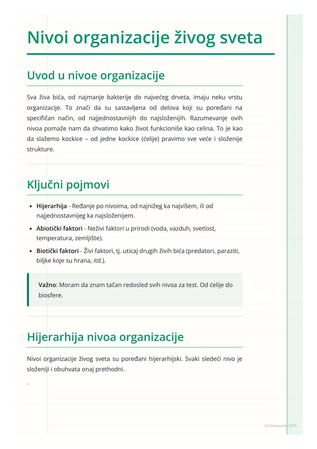 # Nivoi organizacije živog sveta

Uvod u nivoe organizacije

Sva živa bića, od najmanje bakterije do najvećeg drveta, imaju neku vrstu
organ