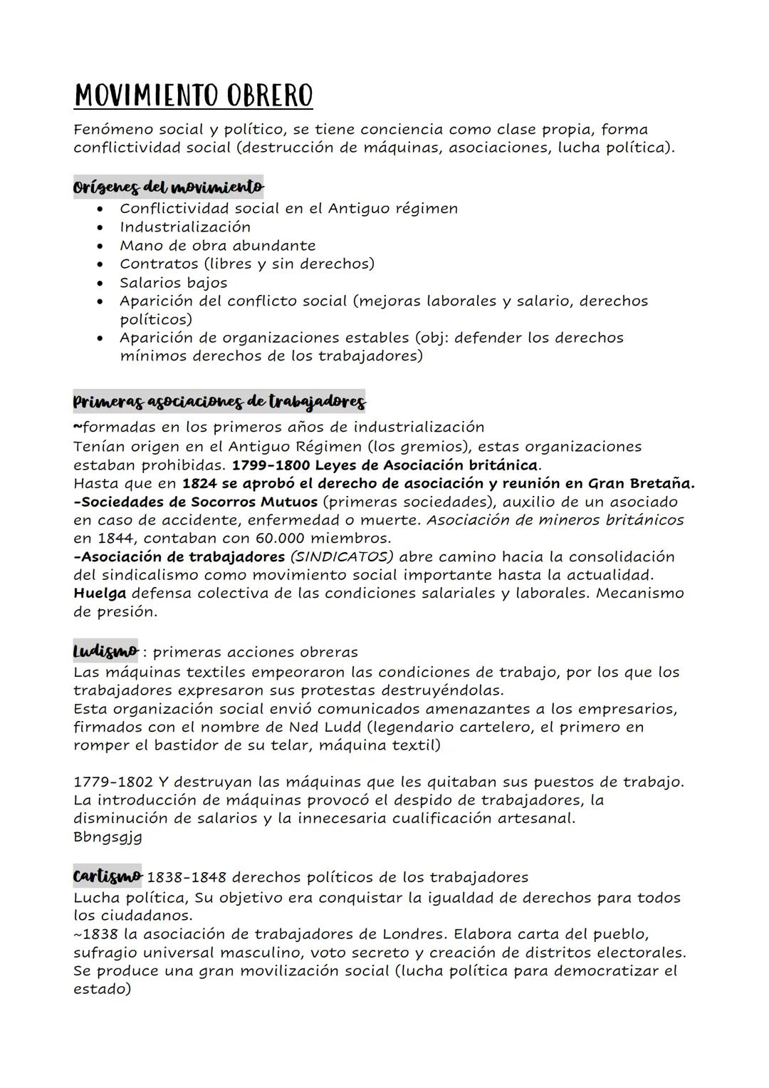 MOVIMIENTO OBRERO
Fenómeno social y político, se tiene conciencia como clase propia, forma
conflictividad social (destrucción de máquinas, a