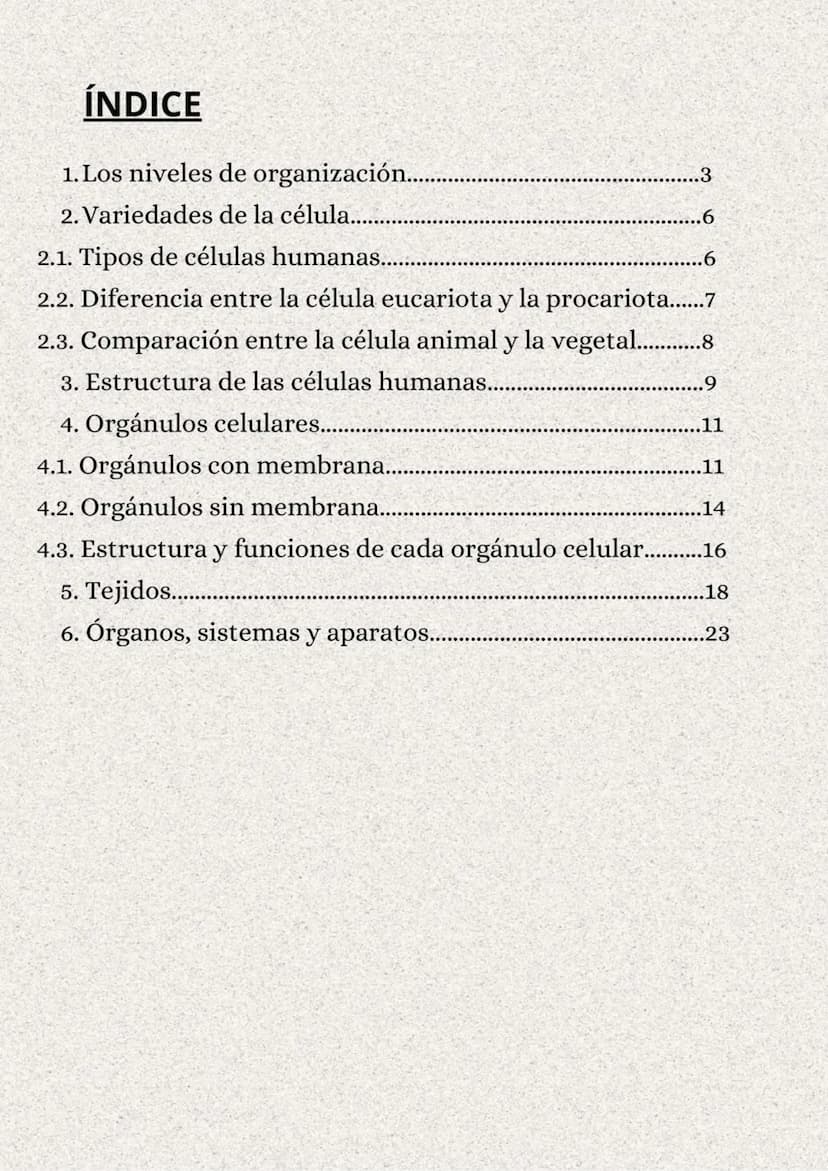 TEMA 1: LA ORGANIZACIÓN
DEL CUERPO HUMANO
}: ÍNDICE
1. Los niveles de organización..........
2. Variedades de la célula..........
2.1. Tipos