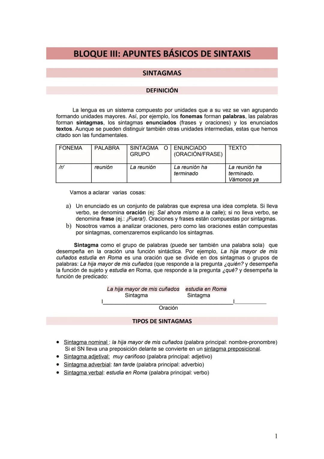 BLOQUE III: APUNTES BÁSICOS DE SINTAXIS
FONEMA
/r/
La lengua es un sistema compuesto por unidades que a su vez se van agrupando
formando uni