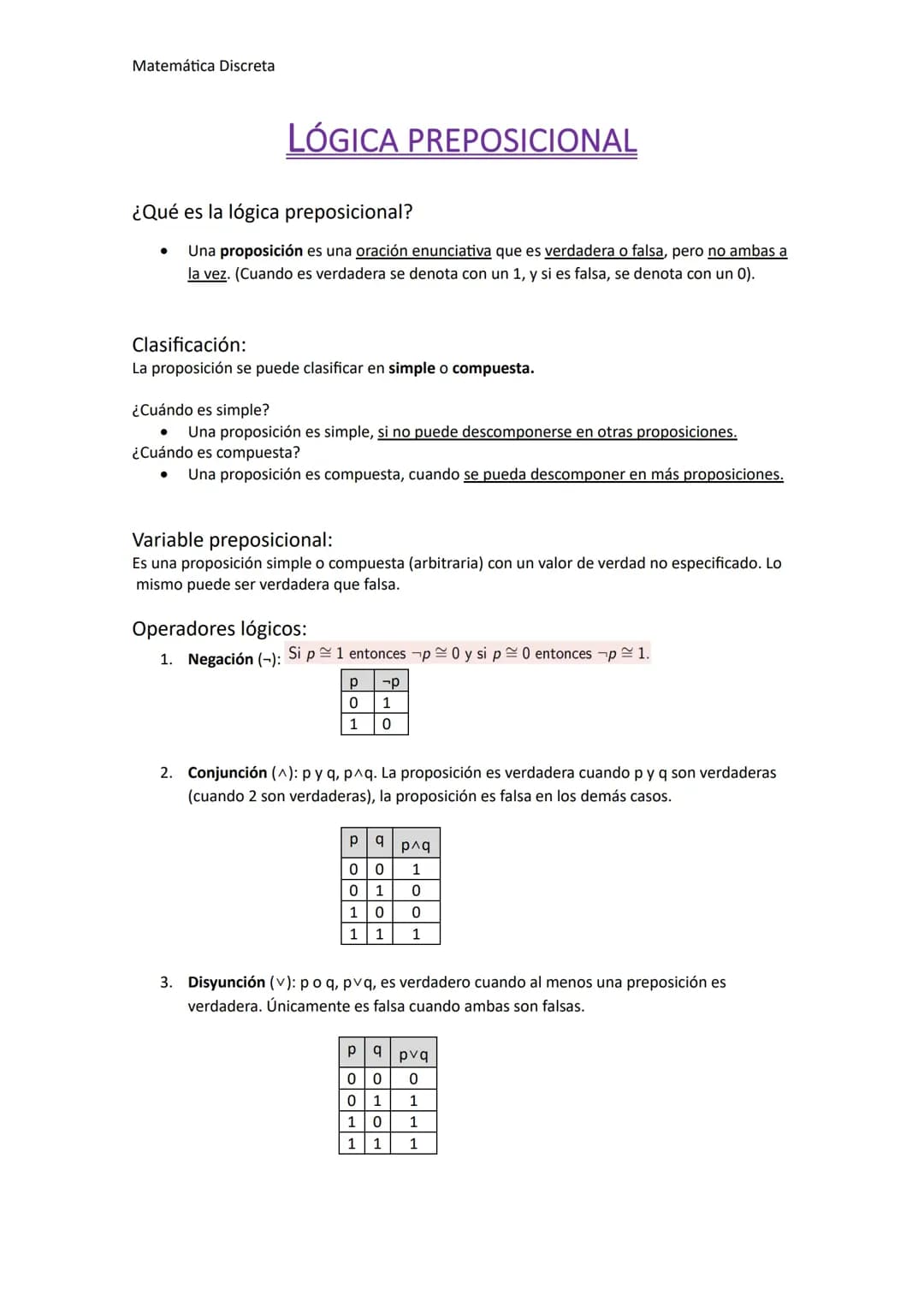 Lógica preposicional en Matemática Discreta (Ciencias informaticas)
