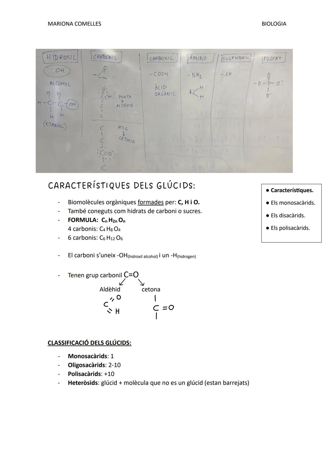 MARIONA COMELLES
BIOLOGIA
# TEMA 2: GLUSIDCS.
Que saber abans de començar el tema:
Grups funcionals: Un o més hidrògens d'una cadena hidroca