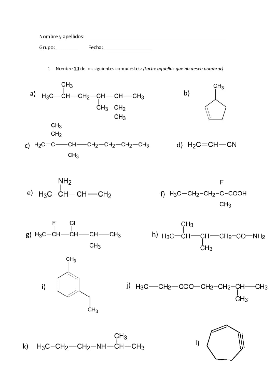 Examen de prueba formulación orgánica