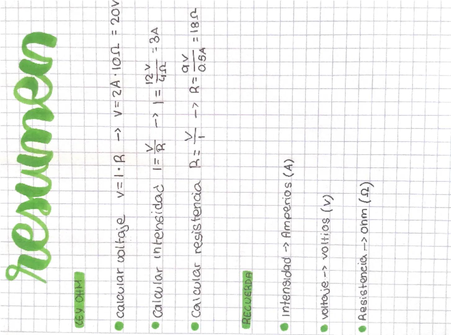 CEY OHM
resumen
calcular voltaje v = I . R -> V=2A . 10Ω = 20V
Calcular intensidad I = \frac{V}{R} -> I = \frac{12V}{4Ω} = 3A
Calcular resis