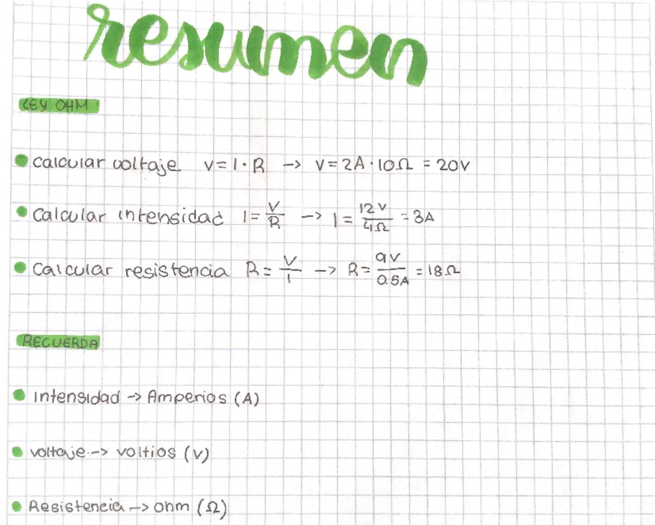 CEY OHM
resumen
calcular voltaje v = I . R -> V=2A . 10Ω = 20V
Calcular intensidad I = \frac{V}{R} -> I = \frac{12V}{4Ω} = 3A
Calcular resis
