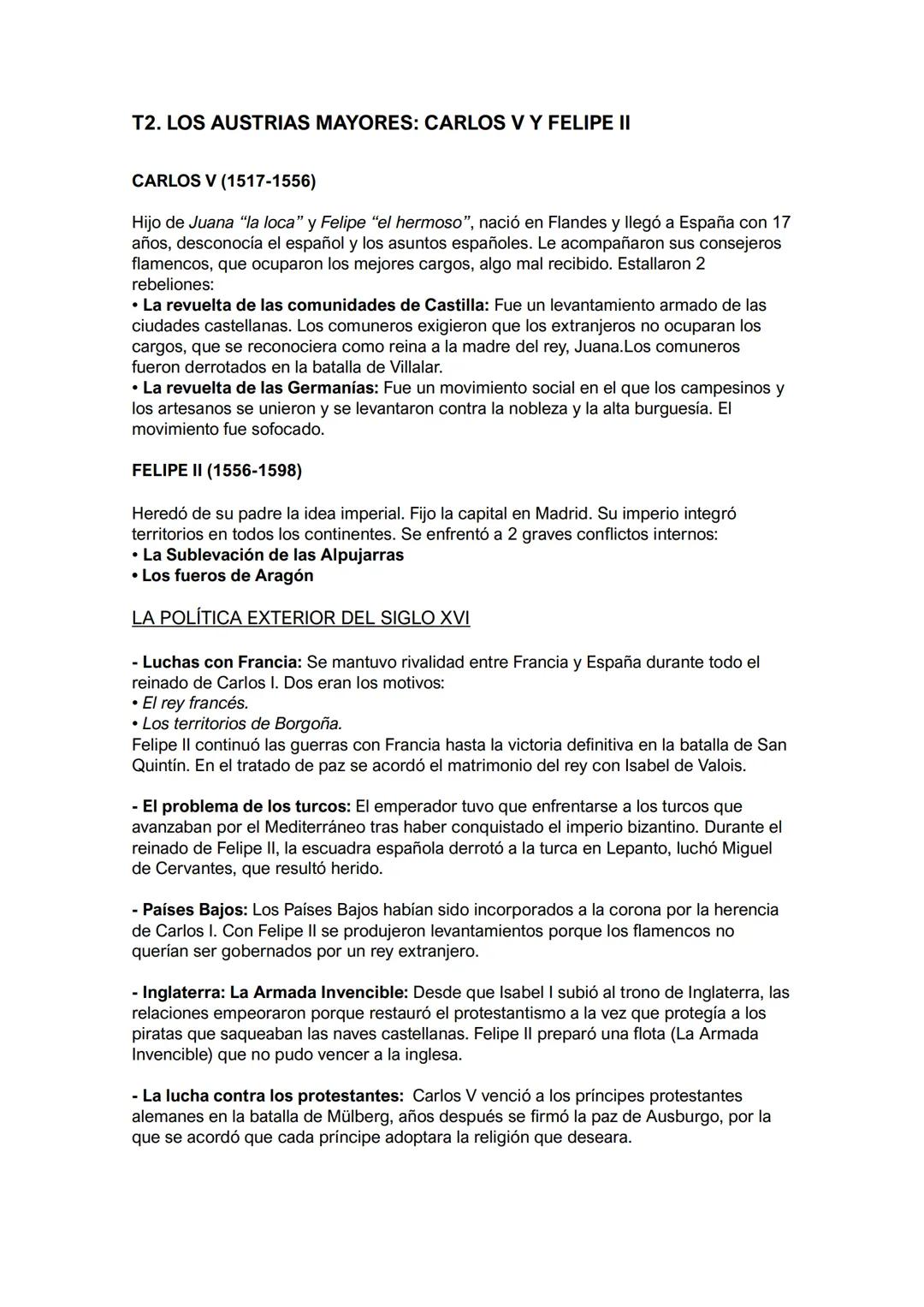 T2. LOS AUSTRIAS MAYORES: CARLOS V Y FELIPE II
CARLOS V (1517-1556)
Hijo de Juana "la loca" y Felipe "el hermoso", nació en Flandes y llegó 